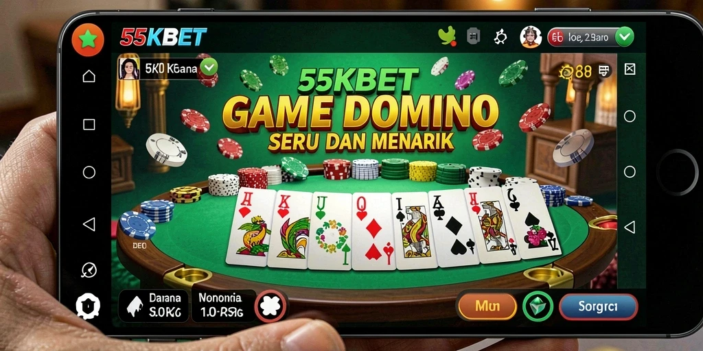 Tampilan gameplay seru dalam aplikasi 55KBET dengan elemen Domino.