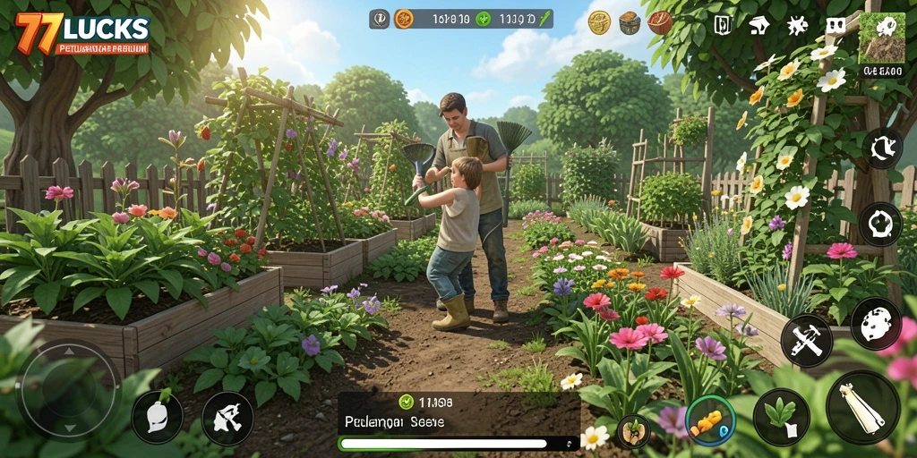 Tampilan gameplay menarik dari 77LUCKS dengan pertanian yang indah.