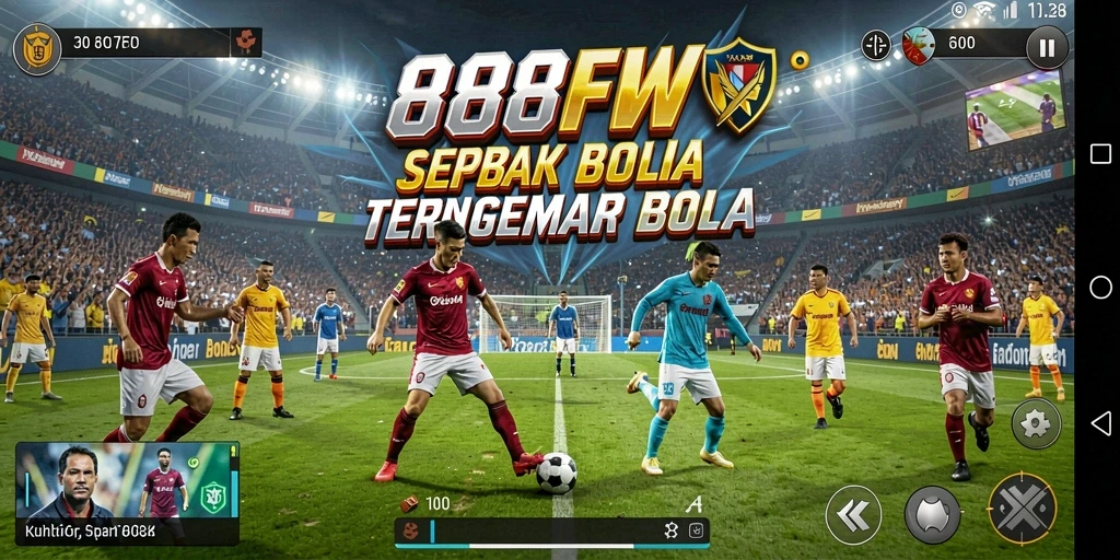 Screenshot gameplay 888FW yang menampilkan aksi pertandingan sepak bola.