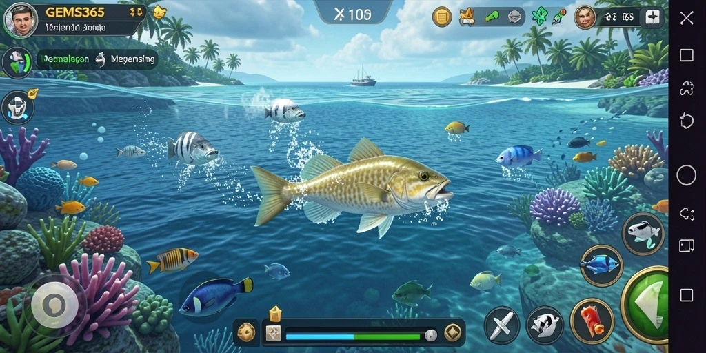 Screenshot gameplay GEMS365 menampilkan aksi memancing yang menarik dan indah.