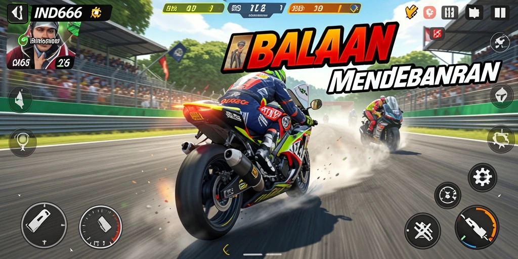 Screenshot gameplay IND666 menampilkan balapan motor yang seru.
