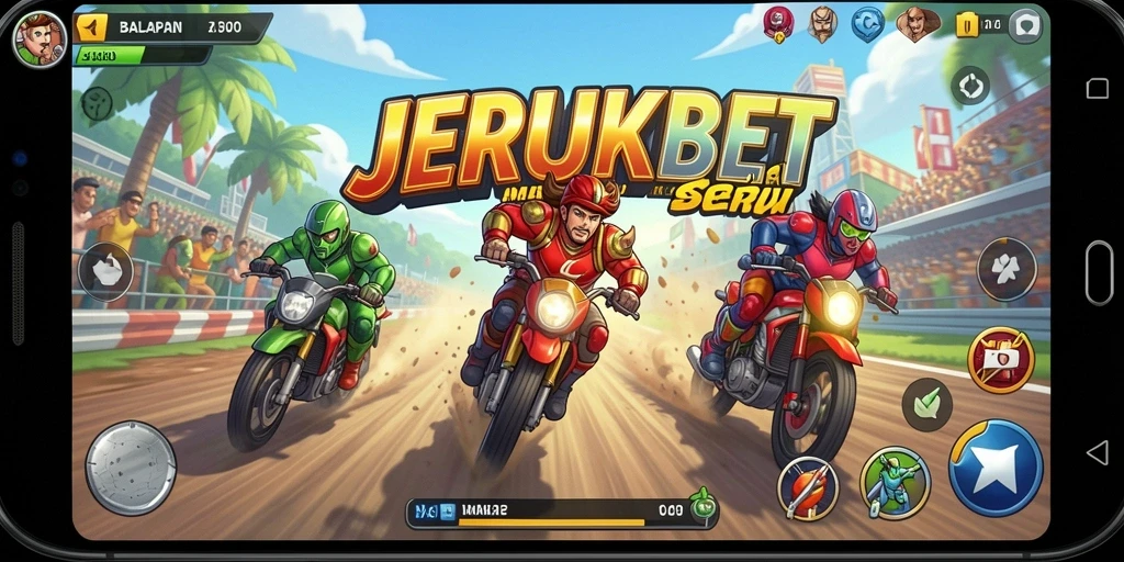 Tampilan gameplay JERUKBET dengan aksi balapan yang mendebarkan.