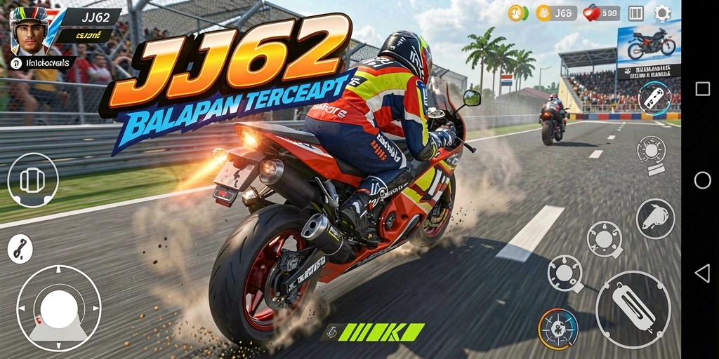 Screenshot utama menunjukkan aksi balapan motor yang mendebarkan.
