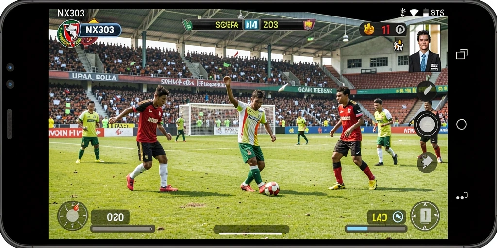 Screenshot dari gameplay <strong>NX303</strong> menunjukkan aksi sepak bola yang mendebarkan.