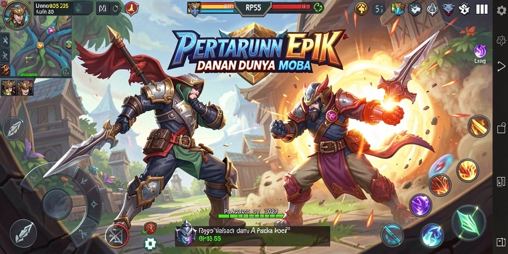 Screenshot utama RP55 menampilkan pertarungan seru di arena MOBA.