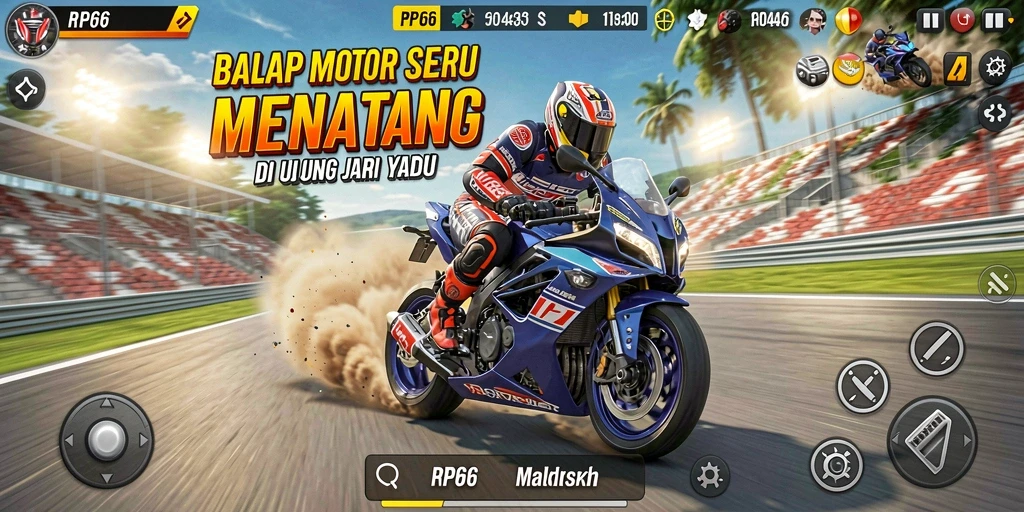 Tampilan gameplay balap motor yang seru dan mendebarkan.