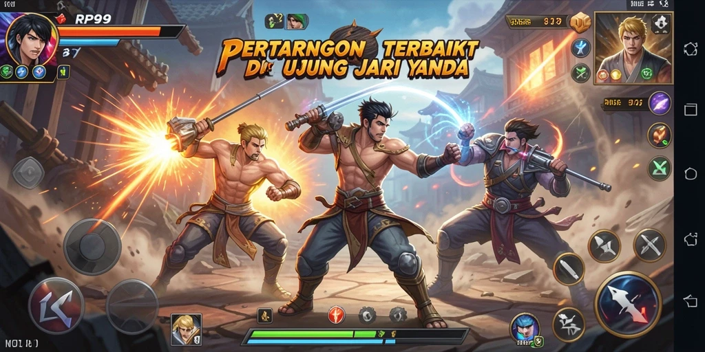 Screenshot RP99 menampilkan karakter bertarung di arena dengan efek visual yang menakjubkan.