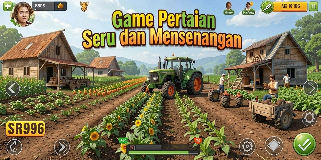 Tangkapan layar gameplay SR996 yang menampilkan ladang hijau subur dan aktivitas bertani.