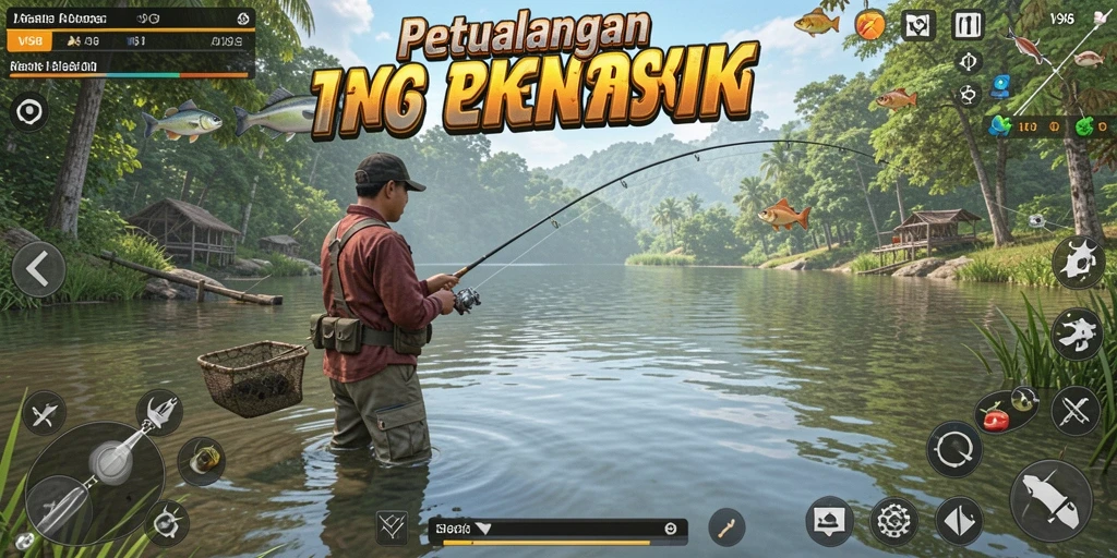 Tampilan menarik dari gameplay V98 dengan aktivitas memancing yang seru.