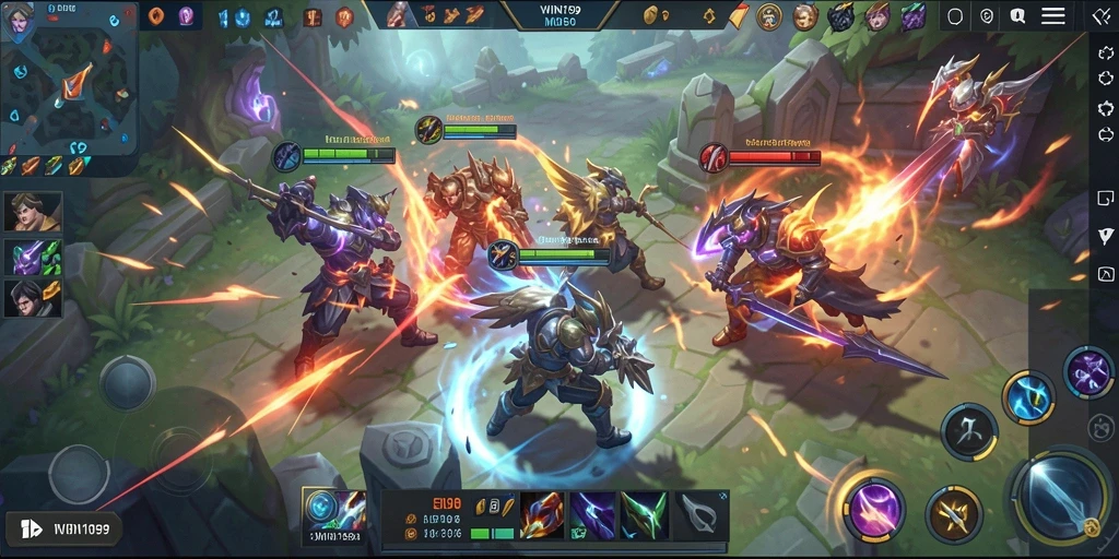 Screenshot gameplay <strong>WIN199</strong> menampilkan aksi pertempuran yang seru di arena MOBA.